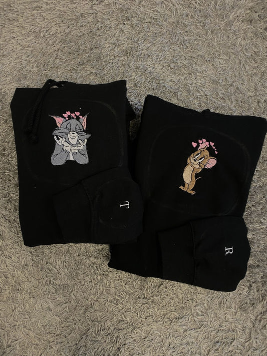 Tom and jerry embroidered cartoon hoodie sweatshirt set bestfriend combo