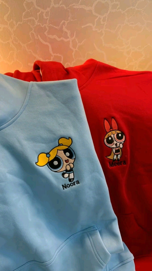 Power puff girls embroidered two hoodies combo bestfriend sister gifting set