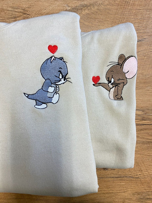 Tom and jerry hoodie couple embroidery combo set hearts bestfriend siblings gifting set
