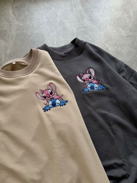 Stitch And Angel Embroidered Couple Sweatshirt, Anniversary Embroidered Sweatshirt, Disney Matching Hoodie, Gift For Couple