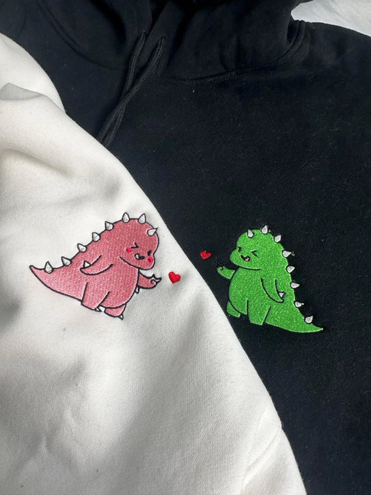 Dinosaur Embroidered Matching Couple Hoodie, Valentine Sweatshirt, Couple Gift, Matching Couple Hoodies, Couple Hoodies, Dinosaur Couple