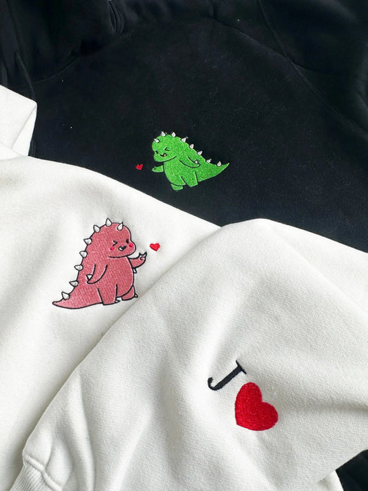 Dinosaur Embroidered Matching Couple Hoodie, Valentine Sweatshirt, Couple Gift, Matching Couple Hoodies, Couple Hoodies, Dinosaur Couple