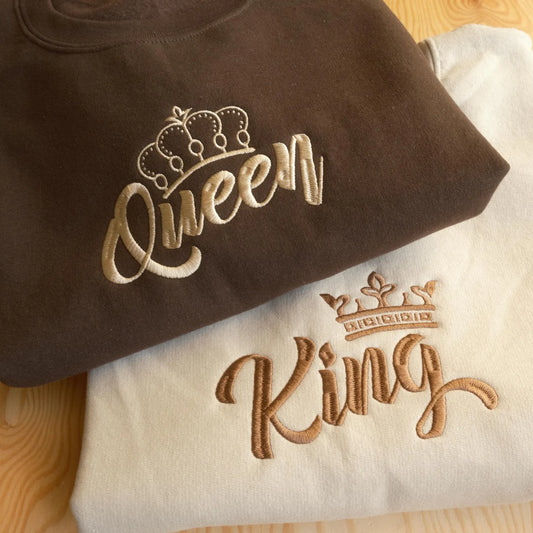 King and Queen Embroidered Sweatshirts, Hoodie – Matching Couple Valentine Jumpers, Unisex Crewneck Gift for Girlfriend, Boyfriend, or Wedding