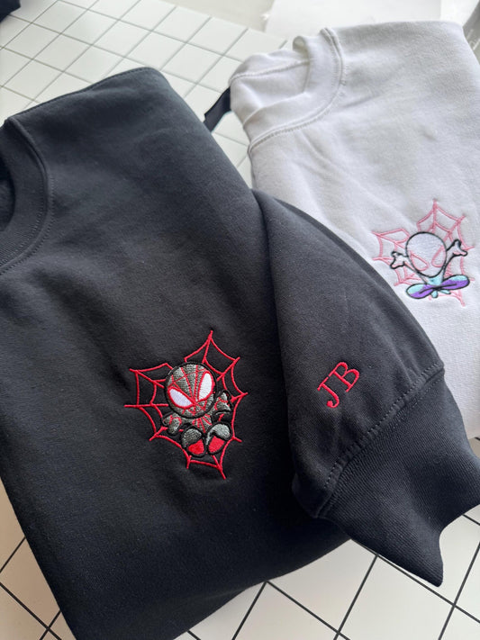 Custom Embroidered Spider-Man / Gwen Sweatshirt • Personalized Hoodie or Crewneck • matching Sweater • Custom Sleeve Initial • Handmade Gift