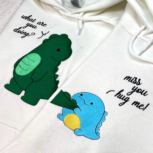 Embroidered Dinosaur Hoodie - Matching Hoodies For Couple - Christmas Gifts For Husband - Him And Her Hoodie - Couples Gift