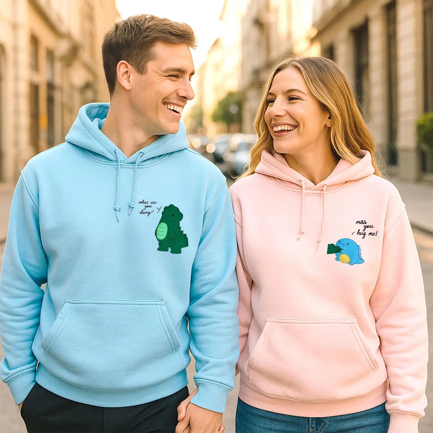 Embroidered Dinosaur Hoodie - Matching Hoodies For Couple - Christmas Gifts For Husband - Him And Her Hoodie - Couples Gift