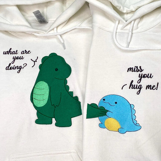 Embroidered Dinosaur Hoodie - Matching Hoodies For Couple - Christmas Gifts For Husband - Him And Her Hoodie - Couples Gift