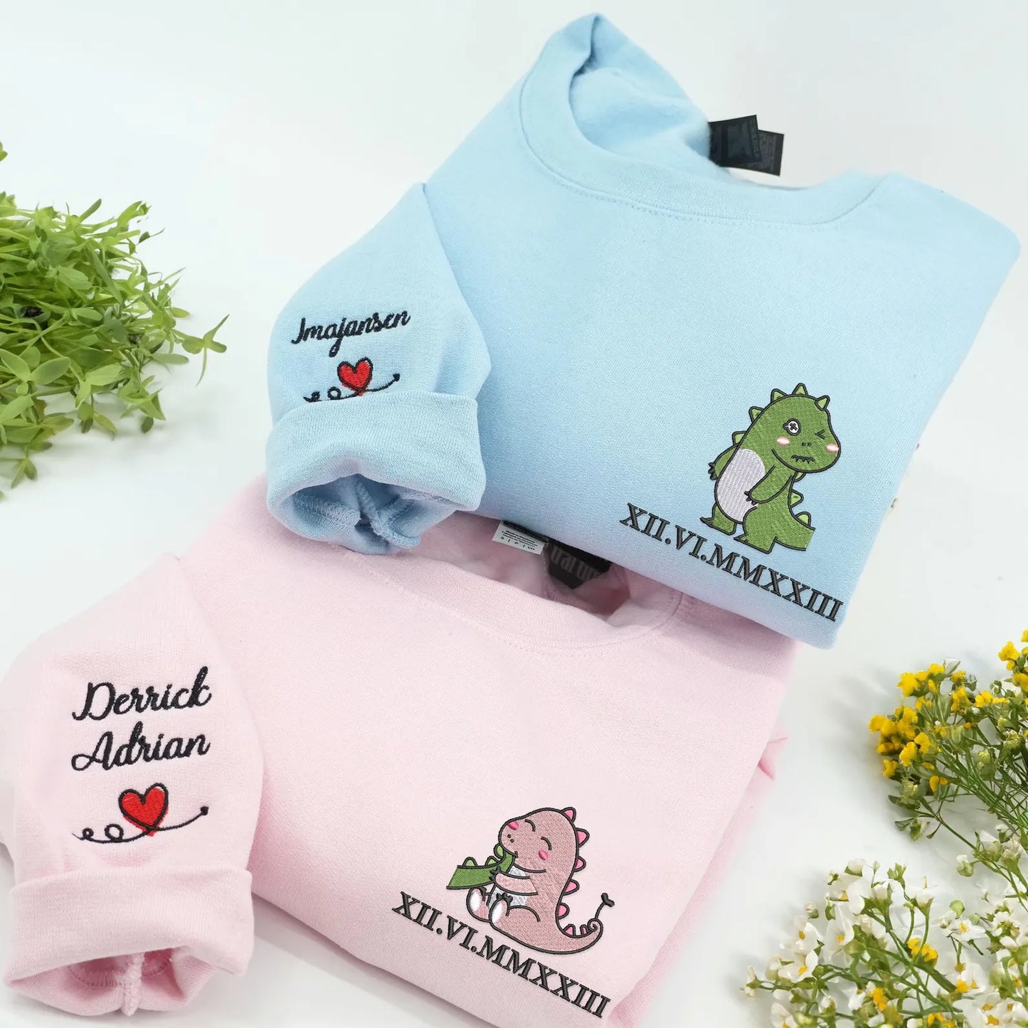 Couple tail eating dino Dinosaur Embroidered Matching Couple Sweatshirt: Anniversary Sweatshirt with Roman Numerals Date, Girlfriend Gift