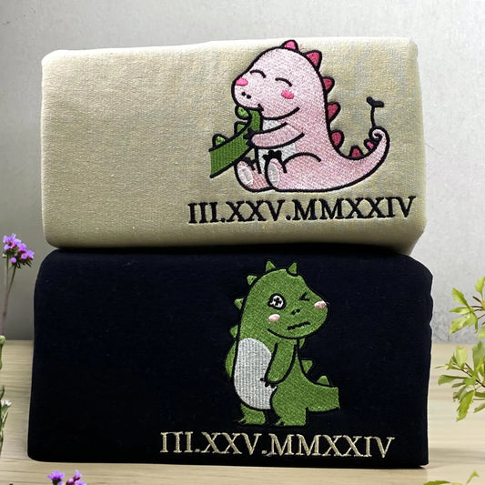 Couple tail eating dino Dinosaur Embroidered Matching Couple Sweatshirt: Anniversary Sweatshirt with Roman Numerals Date, Girlfriend Gift