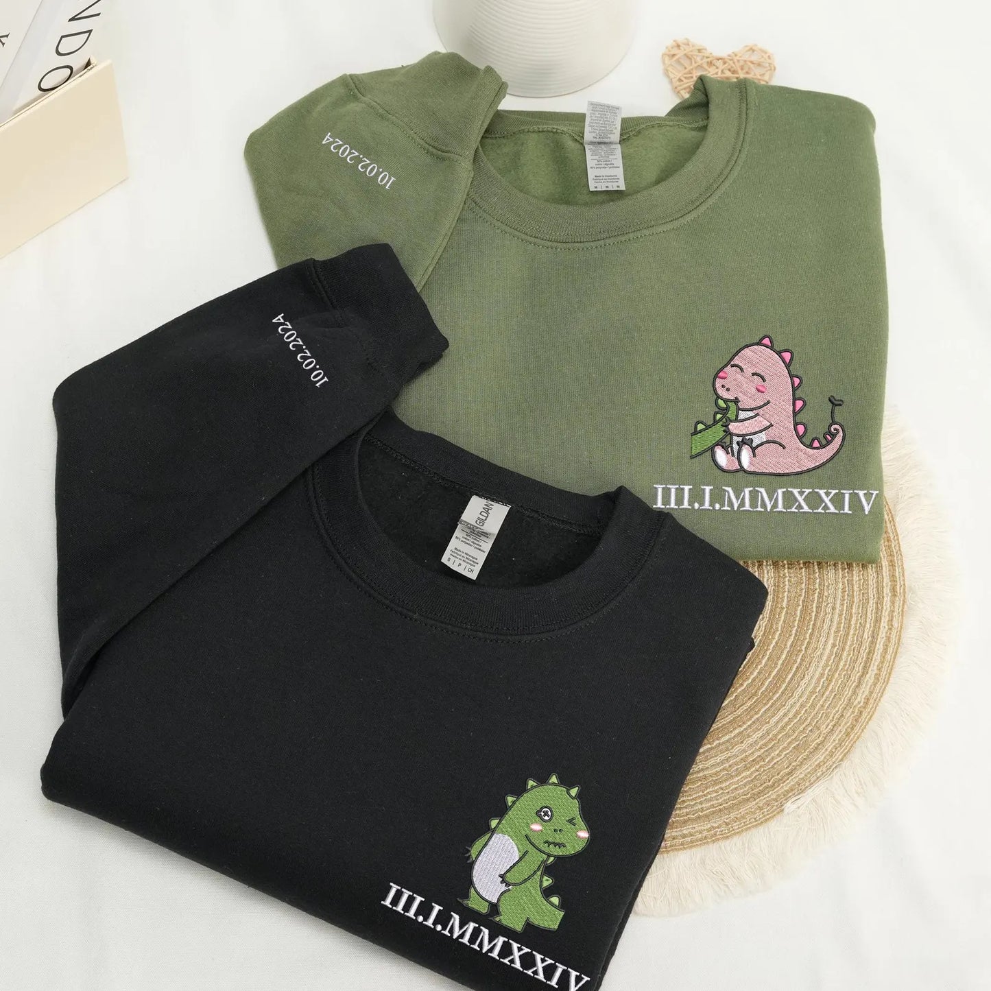 Couple tail eating dino Dinosaur Embroidered Matching Couple Sweatshirt: Anniversary Sweatshirt with Roman Numerals Date, Girlfriend Gift