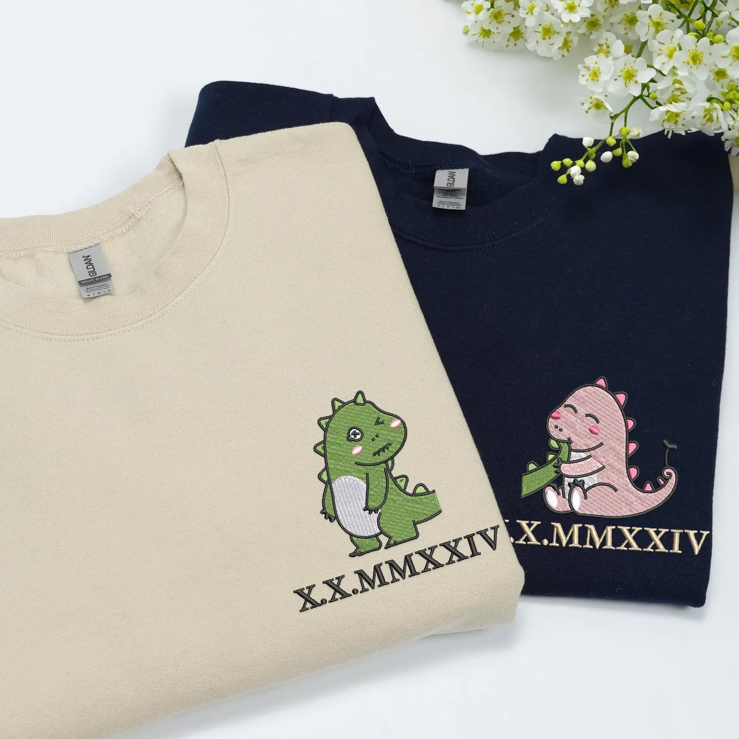 Couple tail eating dino Dinosaur Embroidered Matching Couple Sweatshirt: Anniversary Sweatshirt with Roman Numerals Date, Girlfriend Gift