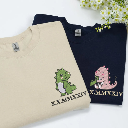 Couple tail eating dino Dinosaur Embroidered Matching Couple Sweatshirt: Anniversary Sweatshirt with Roman Numerals Date, Girlfriend Gift