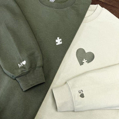 Puzzle peice heart Embroidery Custom Embroidered Heart and Puzzle Piece Sweatshirt,Hoodie Initial With Heart On Sleeve, Anniversary Gift, Couple Hoodie, Valentines Day Gift