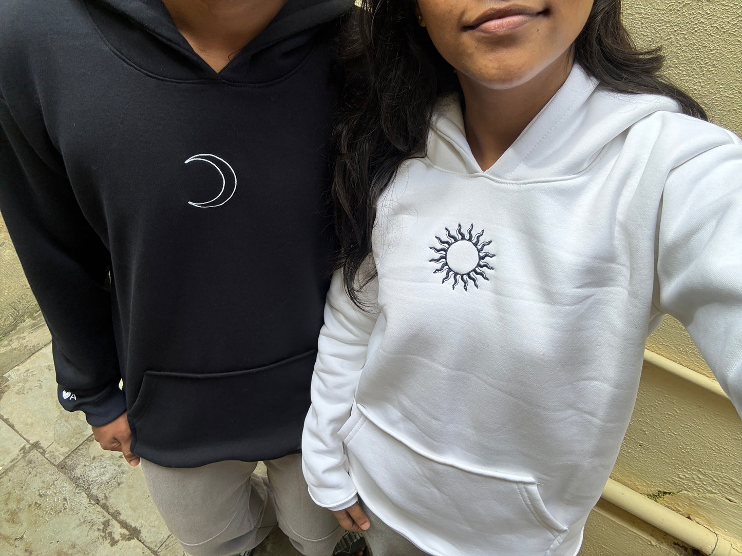 Sun, Moon Minimal Embroidery Hoodie ,Sweatshirt Combo