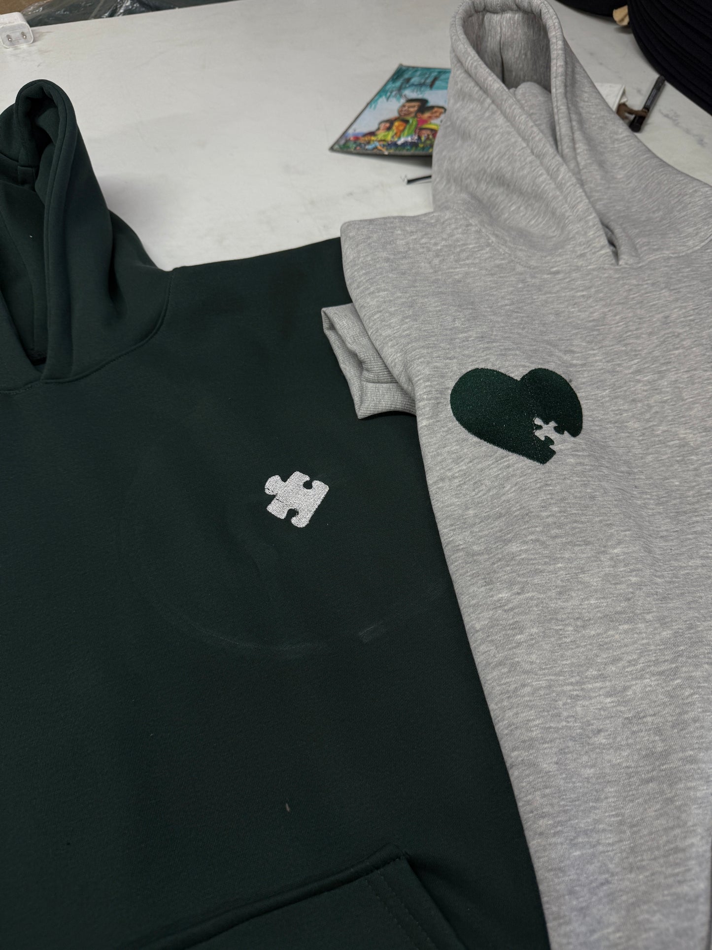 Puzzle peice heart Embroidery Custom Embroidered Heart and Puzzle Piece Sweatshirt,Hoodie Initial With Heart On Sleeve, Anniversary Gift, Couple Hoodie, Valentines Day Gift