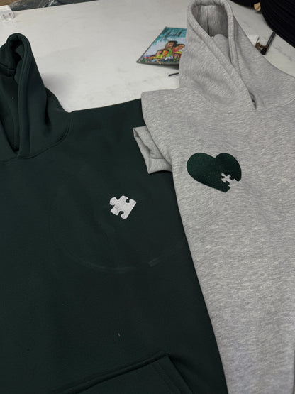 Puzzle peice heart Embroidery Custom Embroidered Heart and Puzzle Piece Sweatshirt,Hoodie Initial With Heart On Sleeve, Anniversary Gift, Couple Hoodie, Valentines Day Gift