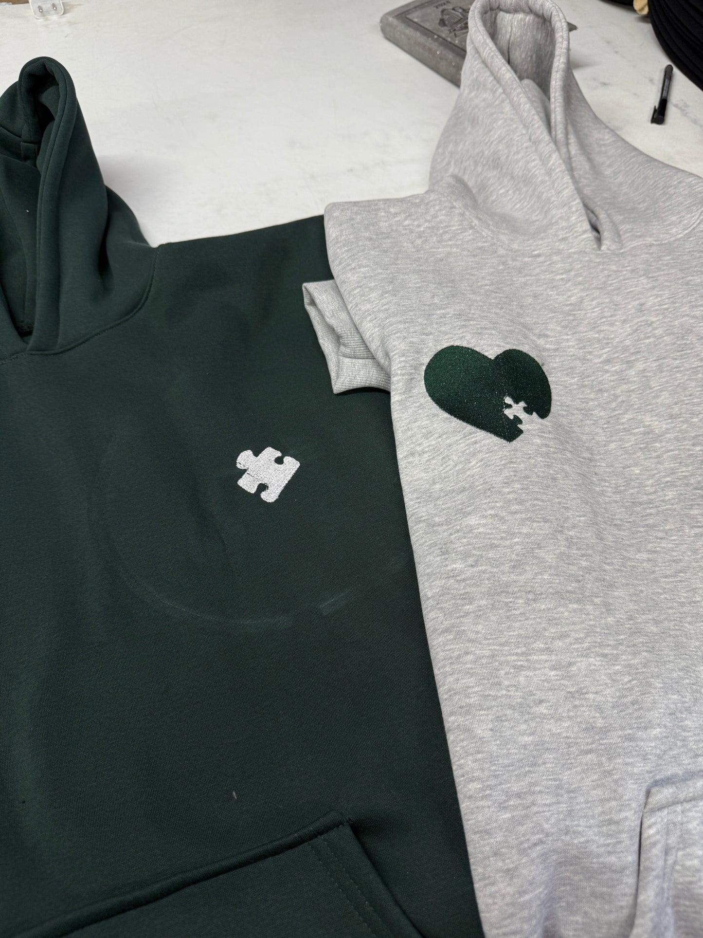 Puzzle peice heart Embroidery Custom Embroidered Heart and Puzzle Piece Sweatshirt,Hoodie Initial With Heart On Sleeve, Anniversary Gift, Couple Hoodie, Valentines Day Gift