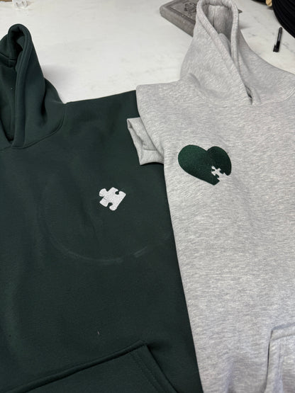 Puzzle peice heart Embroidery Custom Embroidered Heart and Puzzle Piece Sweatshirt,Hoodie Initial With Heart On Sleeve, Anniversary Gift, Couple Hoodie, Valentines Day Gift