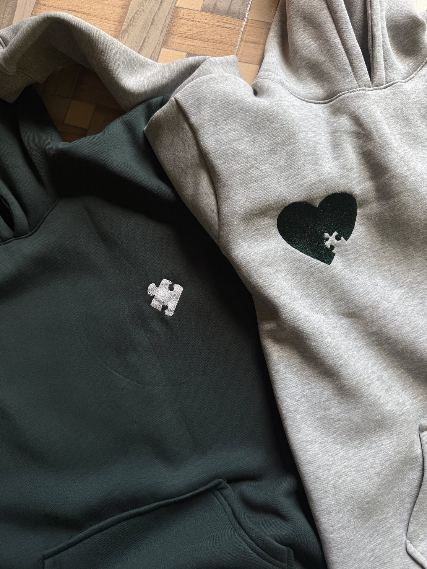 Puzzle peice heart Embroidery Custom Embroidered Heart and Puzzle Piece Sweatshirt,Hoodie Initial With Heart On Sleeve, Anniversary Gift, Couple Hoodie, Valentines Day Gift