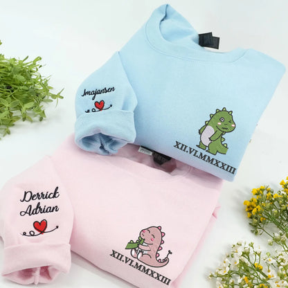 Couple tail eating dino Dinosaur Embroidered Matching Couple Sweatshirt: Anniversary Sweatshirt with Roman Numerals Date, Girlfriend Gift