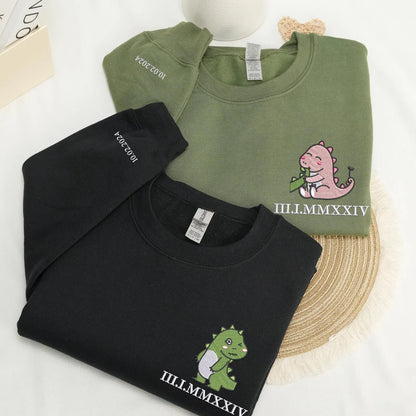 Couple tail eating dino Dinosaur Embroidered Matching Couple Sweatshirt: Anniversary Sweatshirt with Roman Numerals Date, Girlfriend Gift